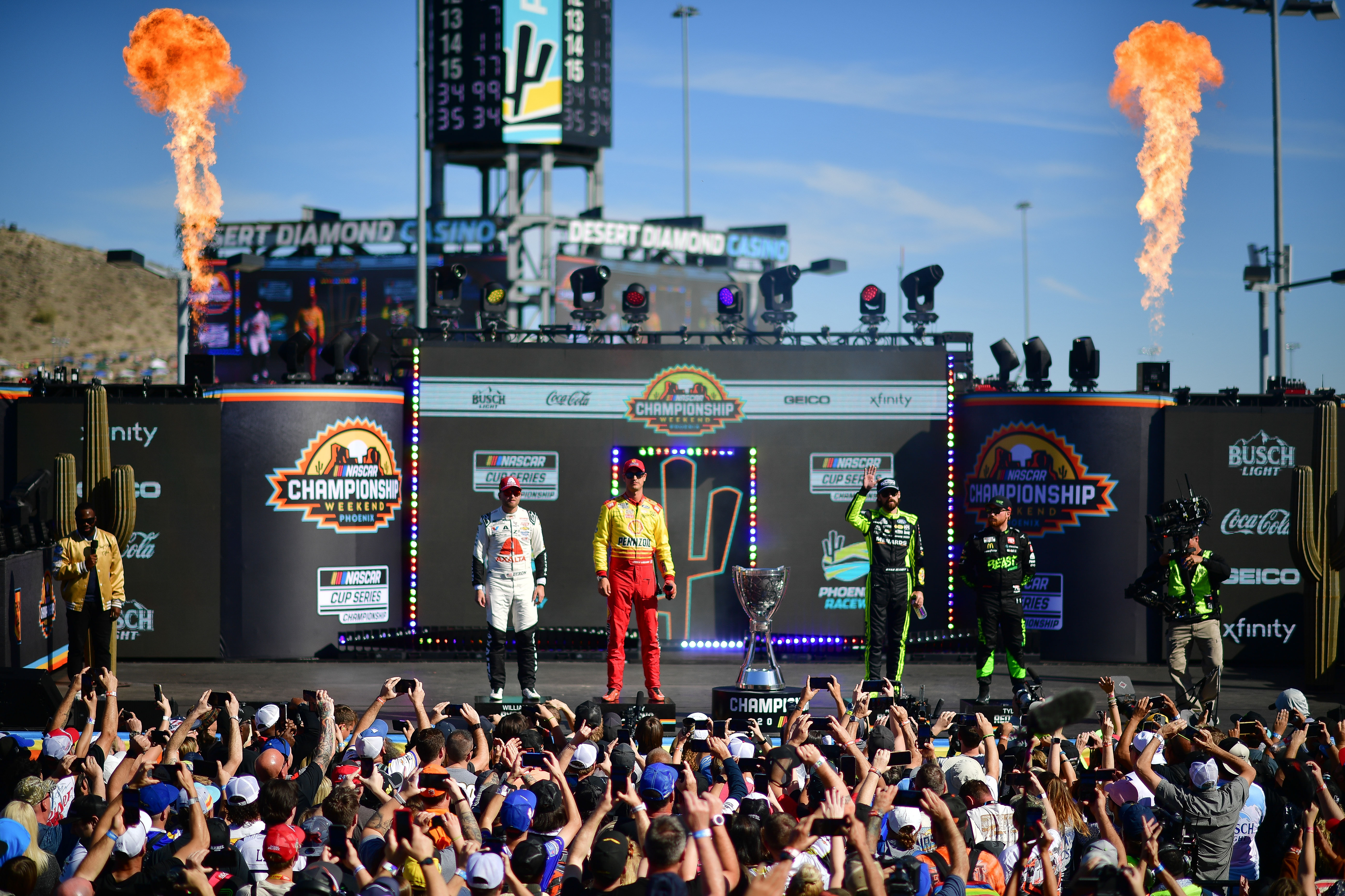 (L-R) William Byron, Joey Logano Ryan Blaney, and Tyler Reddick before the 2024 final. Source: Imagn